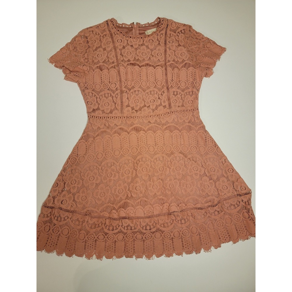 Altar'd State Pink Lace Fit & Flare Dress Short Sleeve Scalloped Hem B88FD1077 M